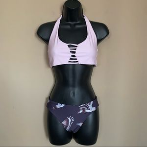 Purple Eagle Print Lavender Two Piece T Strap Halter Bikini